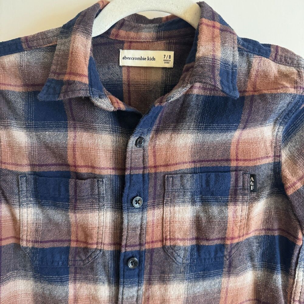 Boys 7/8 Abercrombie Kids A&F Blue/Orange/White Flannel Button Down 100% Cotton